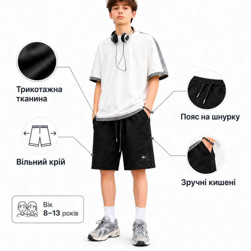 Шорты ABC для мальчика 8-13 лет спортивные трикотажные, 134, Черный