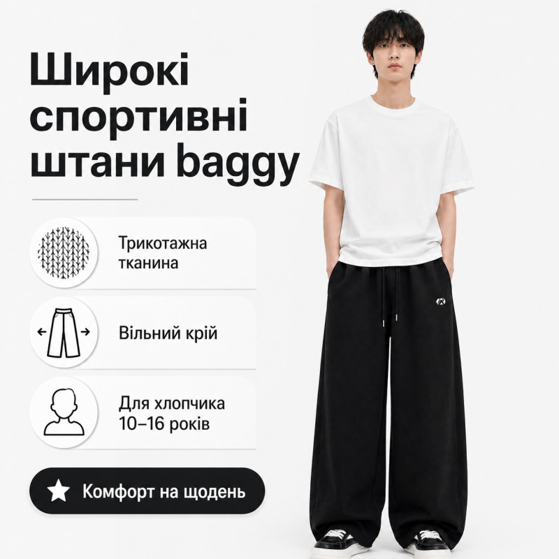 Штаны спортивные XIN.QD для мальчика 10-15 лет широкие багги, Черный, 164