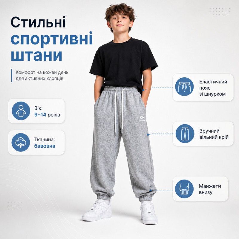 Штаны спортивные LF для мальчика 9-14 лет с манжетом,Серый, 140
