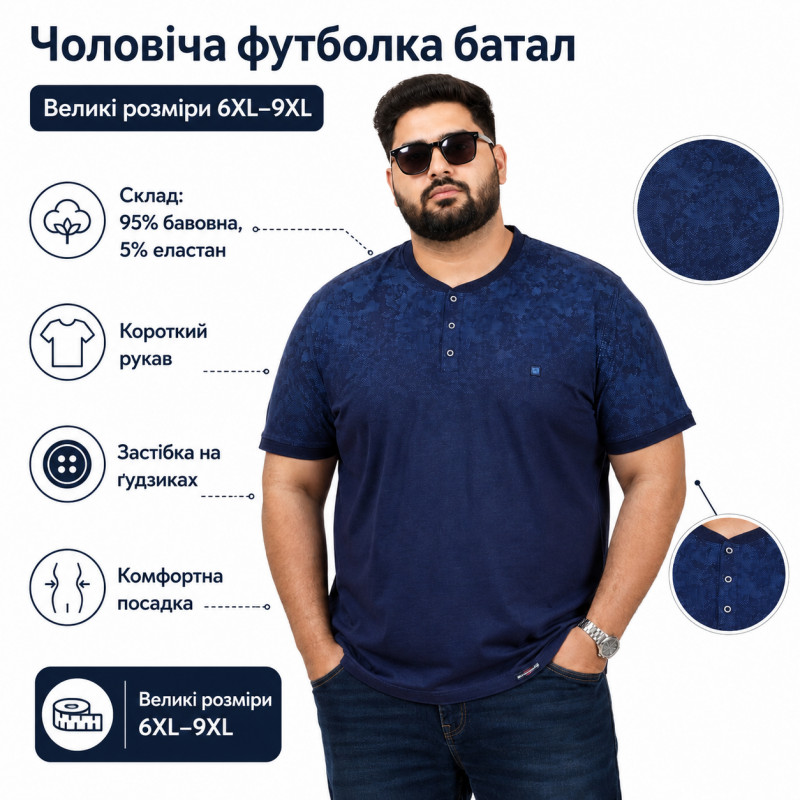 Футболка мужская Red Down большого размера 6XL-9XL хлопок эластан на трех пуговицах,8XL,Синий