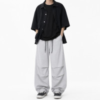 Широкие летние джинсы AMXK для мальчика подростка 10-16 лет baggy с поясом на резинке, Светло-серый 170
