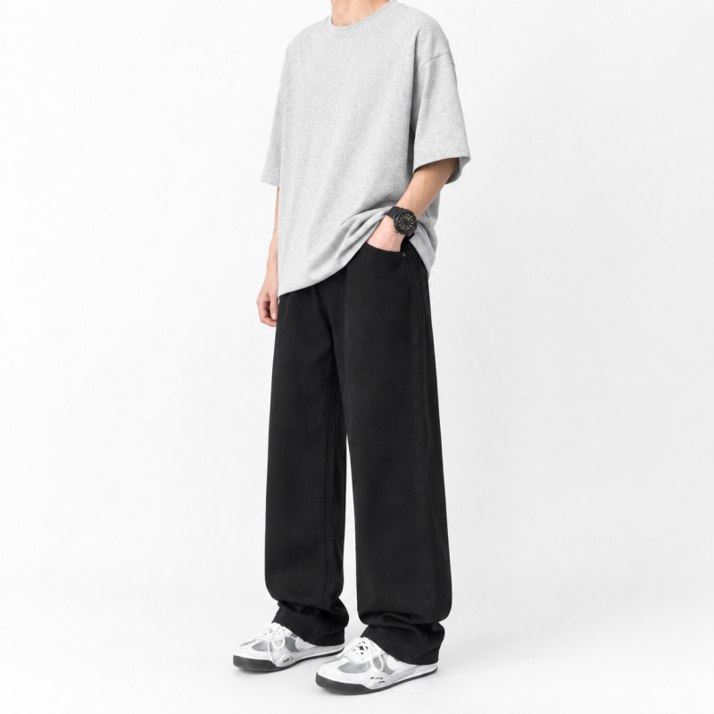 Широкие летние джинсы AMXK для подростка 12-18 лет baggy на резинке для высоких парней, Черный 164