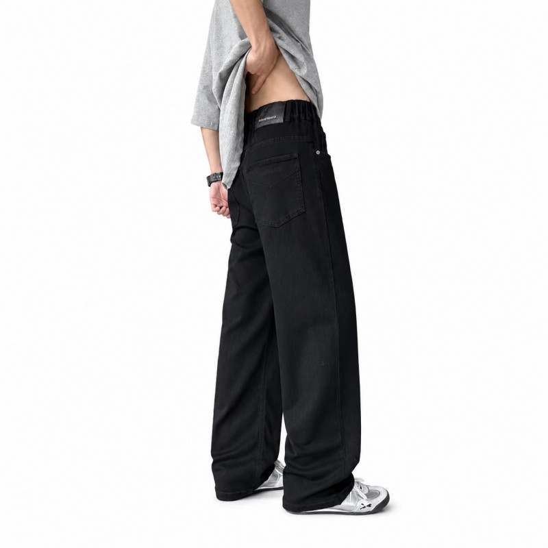 Широкие летние джинсы AMXK для подростка 12-18 лет baggy на резинке для высоких парней, Черный 180