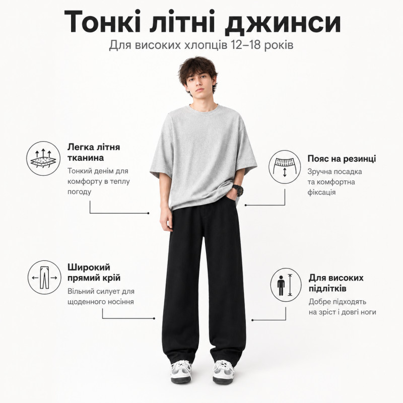Широкие летние джинсы AMXK для подростка 12-18 лет baggy на резинке для высоких парней, Черный 176