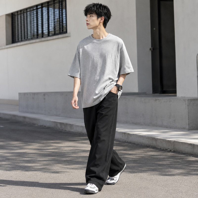 Широкие летние джинсы AMXK для подростка 12-18 лет baggy на резинке для высоких парней, Черный 158