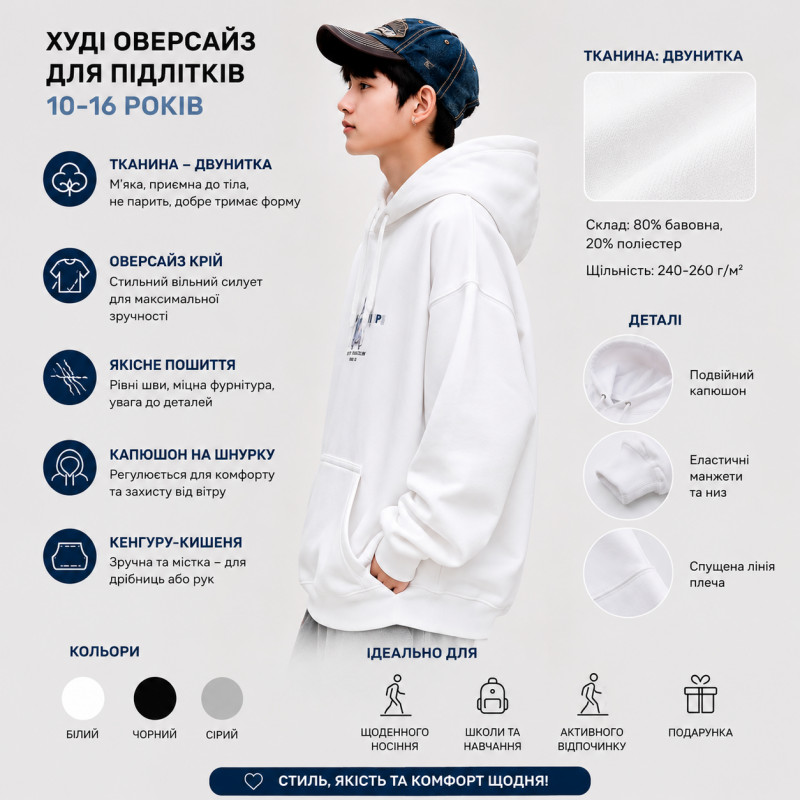 Худи XCL оверсайз для мальчика 10-16 лет подростковое из двунитки с капюшоном,Белый,  158
