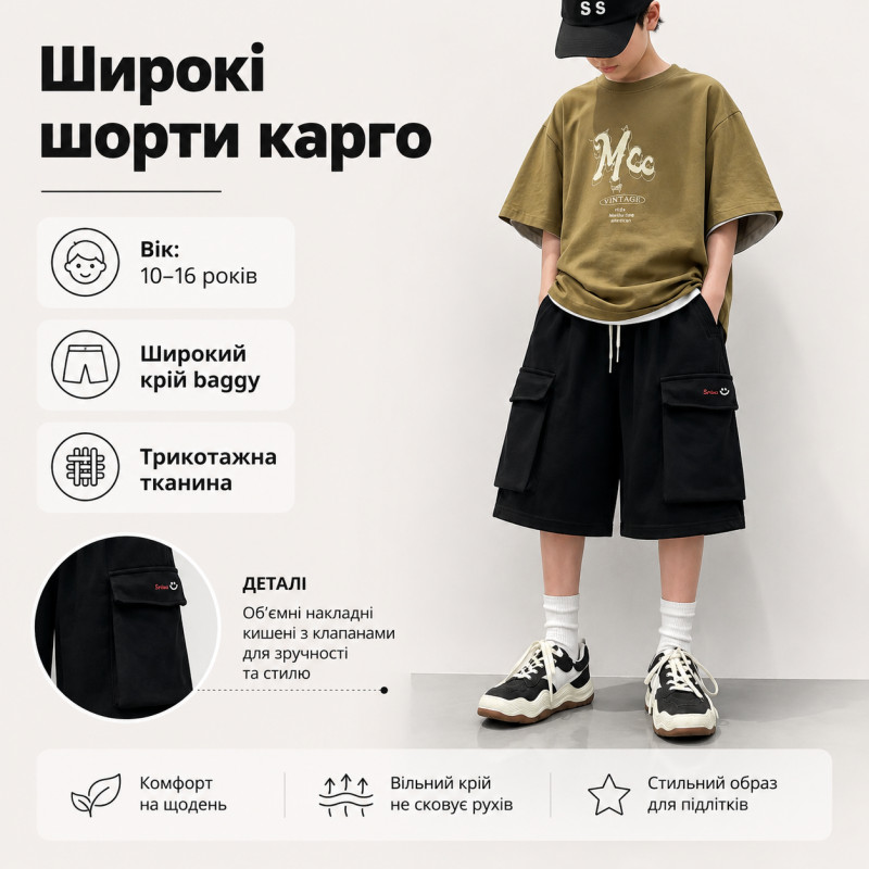 Шорты карго GMWL для мальчика широкие багги трикотажные 10-16 лет,140, Черный