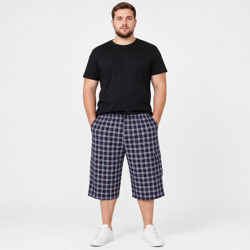 Бриджи шорты мужские Sport в клетку большие размеры XL-5XL легкие на резинке ,Темно-синий с красным, XXL
