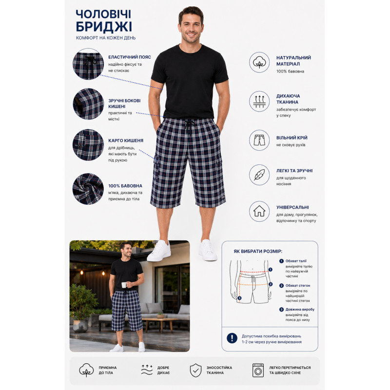 Бриджи шорты мужские Sport в клетку большие размеры XL-5XL легкие на резинке ,Темно-синий с красным, XL