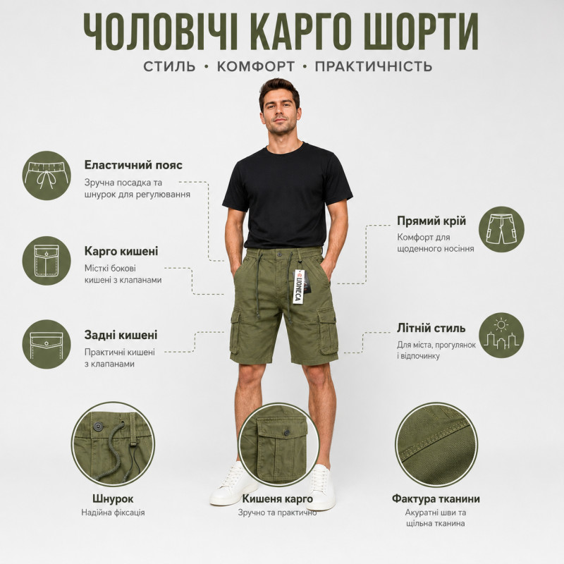 Шорты карго мужские Iteno Lionesa летние коттоновые на резинке с боковыми карманами,33, Хаки