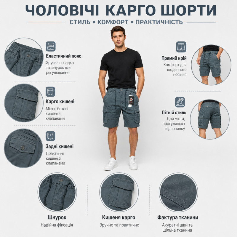 Шорты карго мужские Iteno Lionesa летние коттоновые на резинке с боковыми карманами,33, Хаки