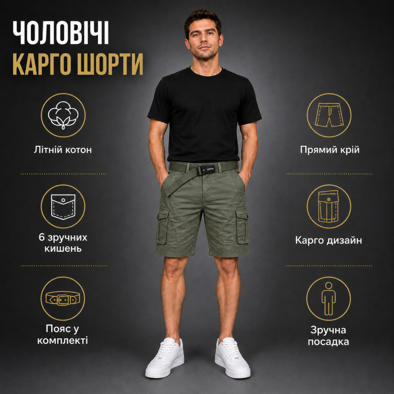 Шорты карго мужские Lionesa летние коттоновые с ремнем и накладными карманами,38, Хаки