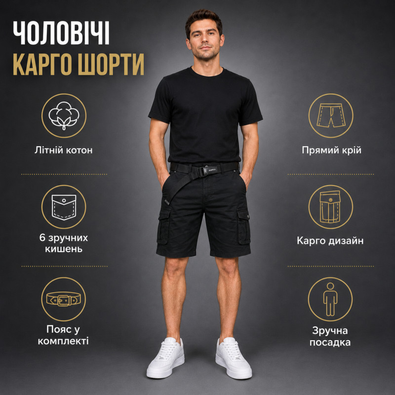 Шорты карго мужские Lionesa летние коттоновые с ремнем и накладными карманами,40, Черный