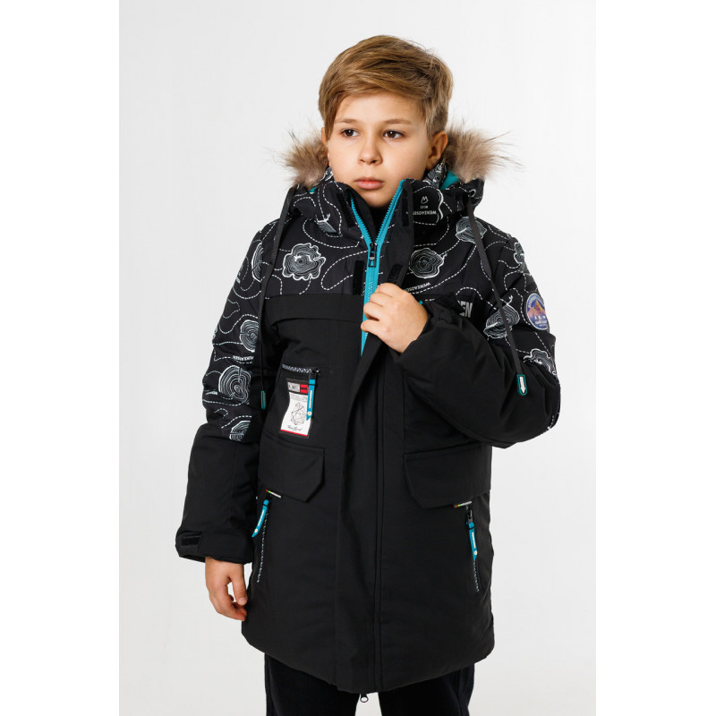 Куртка зимняя WKAS для мальчика 5-10 лет , Черный с бирюзовым, 134