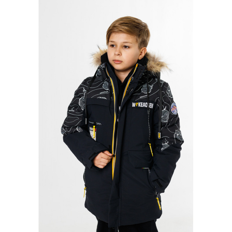 Куртка зимняя WKAS для мальчика 5-10 лет , Черный с серым, 134