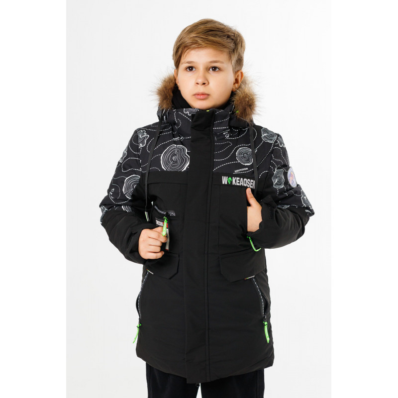 Куртка зимняя WKAS для мальчика 5-10 лет , Черный с красным, 134