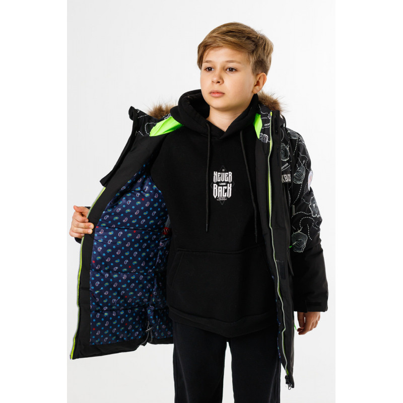 Куртка зимняя WKAS для мальчика 5-10 лет , Черный с салатовым, 134