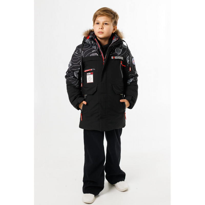 Куртка зимняя WKAS для мальчика 5-10 лет , Черный с красным, 134
