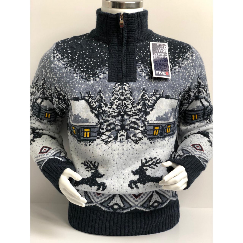 Свитер FIVE для мальчика 7-15 лет теплый шерстяной, зимний узор,Синий 128
