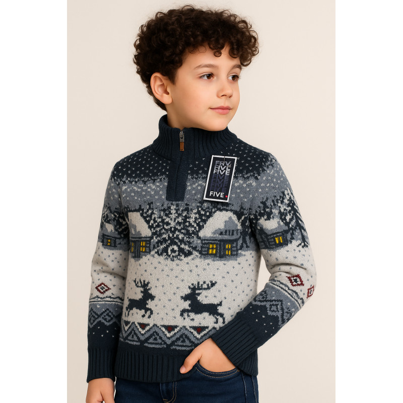 Свитер FIVE для мальчика 7-15 лет теплый шерстяной, зимний узор,Синий 128