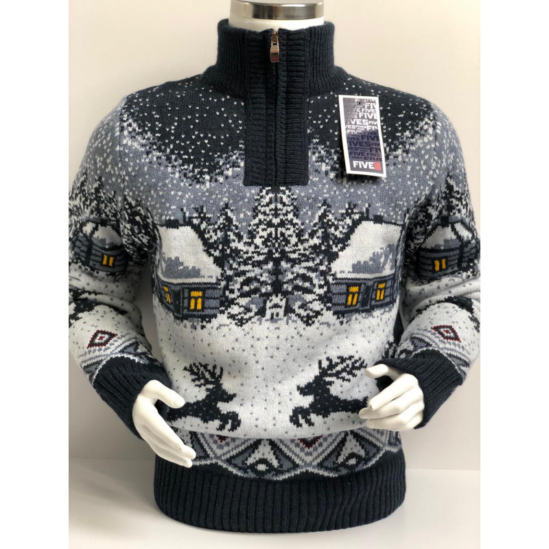 Свитер FIVE для мальчика 7-15 лет теплый шерстяной, зимний узор,Синий 128